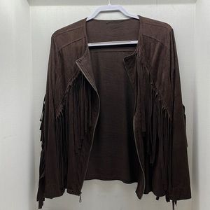 Fringe, light suede feel jacket, large-ext large, zipper front, dark brown